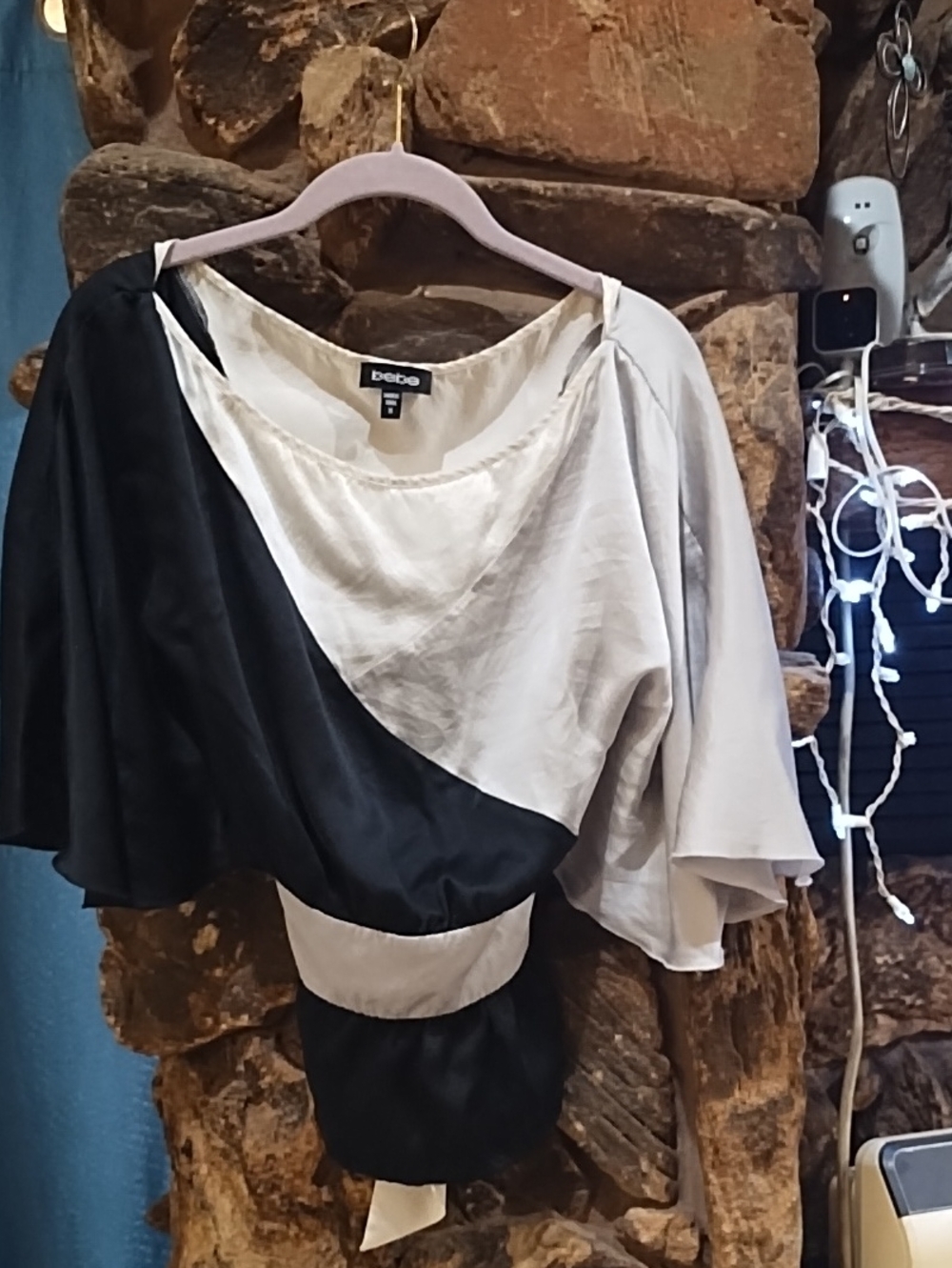 bebe Black and Cream & Gray Draped Silky Blouse